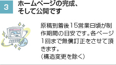 3.ホームページの完成、そして公開です。　原稿到着後15営業日頃が制作期間の目安です。各ページ1回まで無償訂正をさせていただきます。（構造変更を除く）